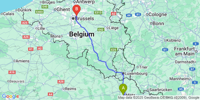 Map: Brussels Zaventem Airport (BRU) to Scy
