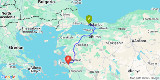 Map: Izmir Adnan Menderes Airport (ADB) to Istanbul city (all areas)