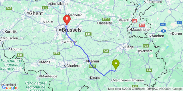 Map: Brussels Zaventem Airport (BRU) to Septon