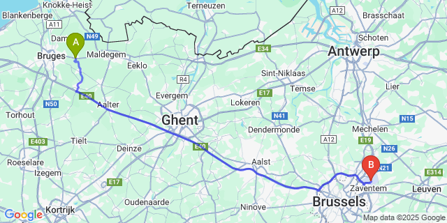 Map: Brussels Zaventem Airport (BRU) to Sijsele