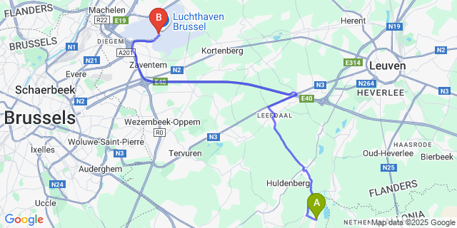 Map: Brussels Zaventem Airport (BRU) to Sint-Agatha-Rode