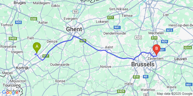 Map: Brussels Zaventem Airport (BRU) to Sint-Baafs-Vijve