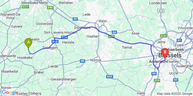 Map: Brussels Midi Train Station to Sint-Denijs-Boekel
