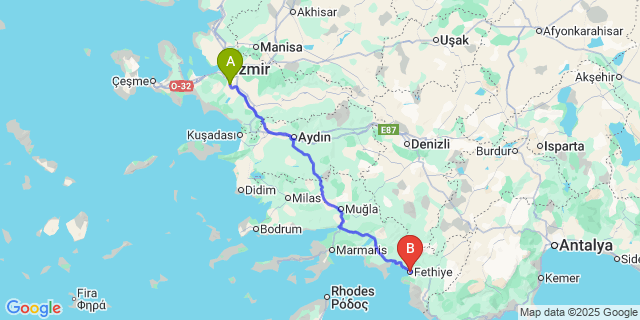 Map: Izmir Adnan Menderes Airport (ADB) to Fethiye