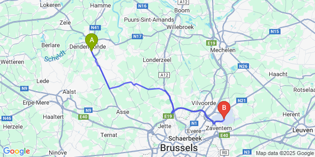 Map: Brussels Zaventem Airport (BRU) to Sint-Gillis-Bij-Dendermonde