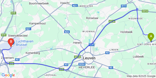 Map: Brussels Zaventem Airport (BRU) to Sint-Joris-Winge