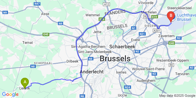 Map: Brussels Zaventem Airport (BRU) to Sint-Kwintens-Lennik