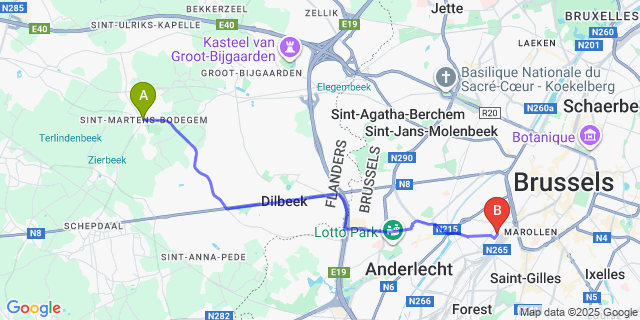 Map: Brussels Midi Train Station to Sint-Martens-Bodegem