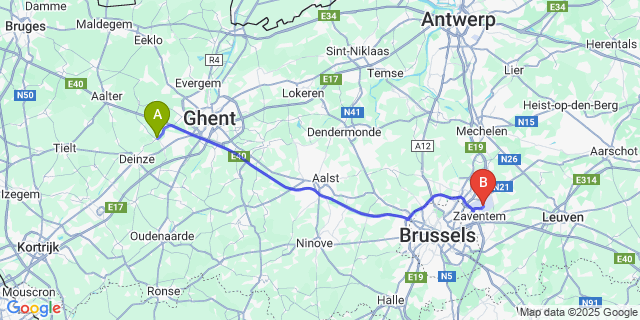 Map: Brussels Zaventem Airport (BRU) to Sint-Martens-Leerne