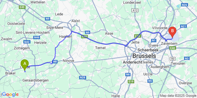 Map: Brussels Zaventem Airport (BRU) to Sint-Martens-Lierde