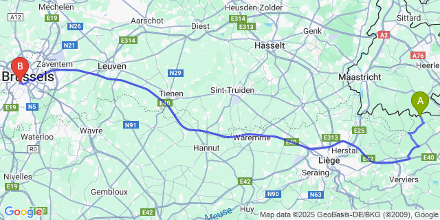 Map: Brussels Midi Train Station to Sippenaeken