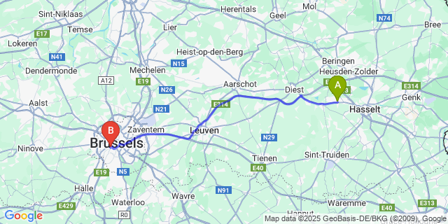 Map: Brussels Midi Train Station to Spalbeek