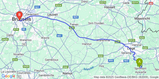 Map: Brussels Midi Train Station to Sprimont