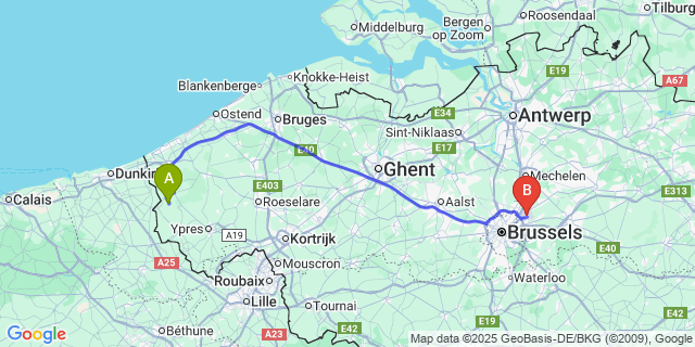 Map: Brussels Zaventem Airport (BRU) to Stavele