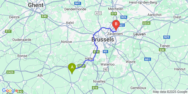Map: Brussels Zaventem Airport (BRU) to Steenkerque