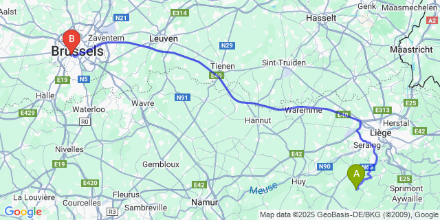 Map: Brussels Midi Train Station to Tavier