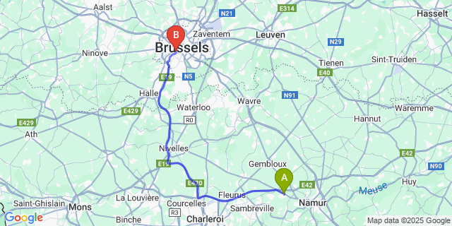 Map: Brussels Midi Train Station to Temploux