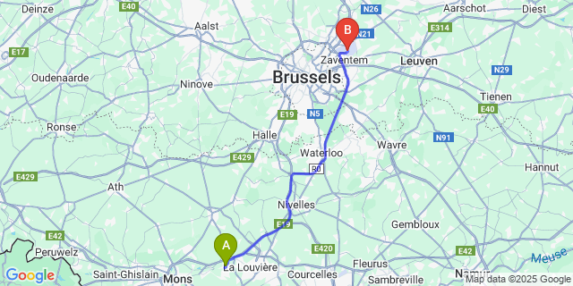 Map: Brussels Zaventem Airport (BRU) to Thieu