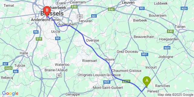 Map: Brussels Midi Train Station to Thorembais-Saint-Trond