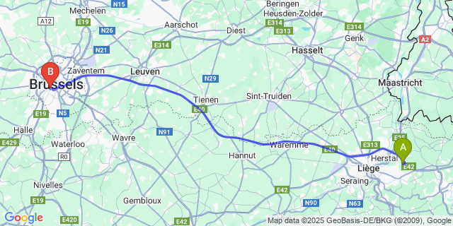 Map: Brussels Midi Train Station to Tignée