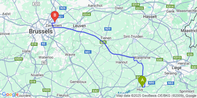 Map: Brussels Zaventem Airport (BRU) to Tihange