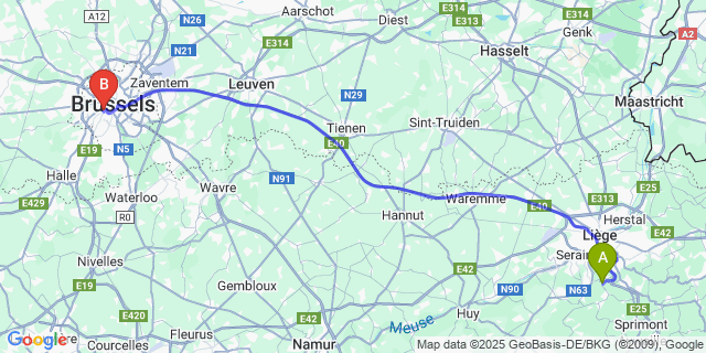 Map: Brussels Midi Train Station to Tilff