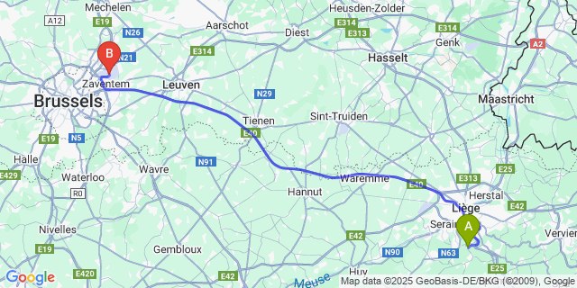 Map: Brussels Zaventem Airport (BRU) to Tilff