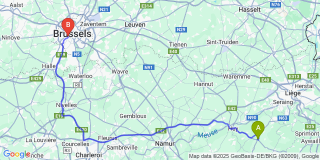 Map: Brussels Midi Train Station to Tinlot