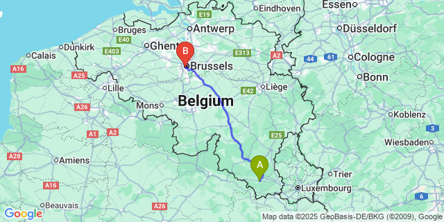 Map: Brussels Midi Train Station to Tintigny