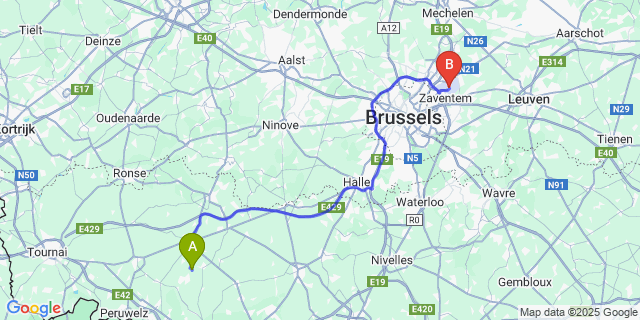 Map: Brussels Zaventem Airport (BRU) to Tongre-Notre-Dame