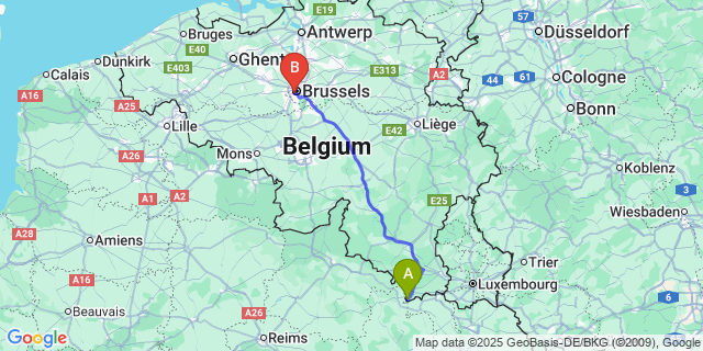 Map: Brussels Midi Train Station to Torgny