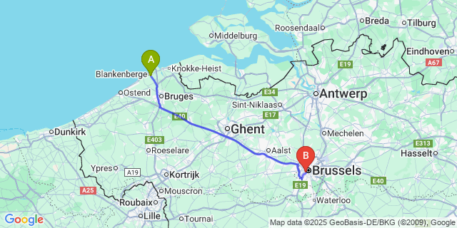 Map: Brussels Midi Train Station to Uitkerke