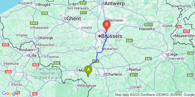 Map: Brussels Zaventem Airport (BRU) to Vellereille-Les-Brayeux