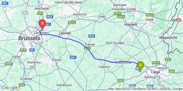 Map: Brussels Zaventem Airport (BRU) to Velroux
