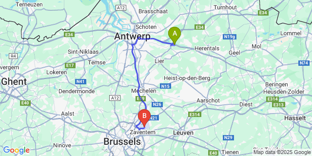Map: Brussels Zaventem Airport (BRU) to Viersel