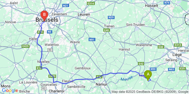 Map: Brussels Midi Train Station to Vierset-Barse