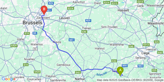 Map: Brussels Zaventem Airport (BRU) to Vierset-Barse