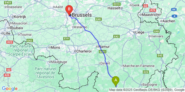 Map: Brussels Midi Train Station to Villance