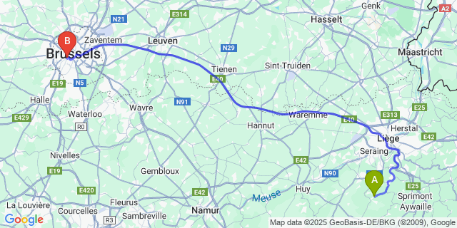 Map: Brussels Midi Train Station to Villers-Aux-Tours