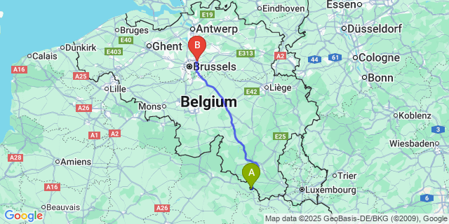 Map: Brussels Zaventem Airport (BRU) to Villers-Devant-Orval