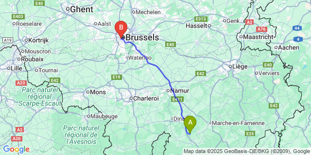 Map: Brussels Midi Train Station to Villers-Sur-Lesse