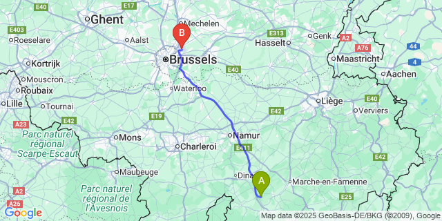 Map: Brussels Zaventem Airport (BRU) to Villers-Sur-Lesse