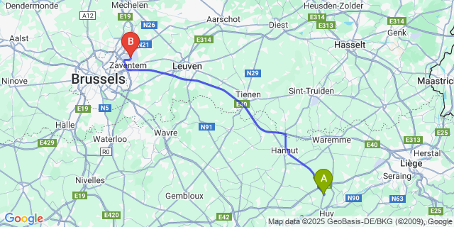 Map: Brussels Zaventem Airport (BRU) to Vinalmont