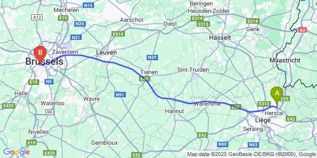 Map: Brussels Midi Train Station to Vivegnis