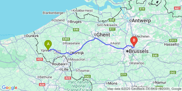 Map: Brussels Zaventem Airport (BRU) to Vlamertinge