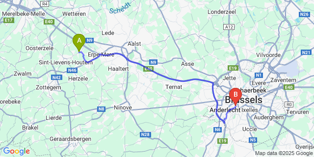 Map: Brussels Midi Train Station to Vlierzele