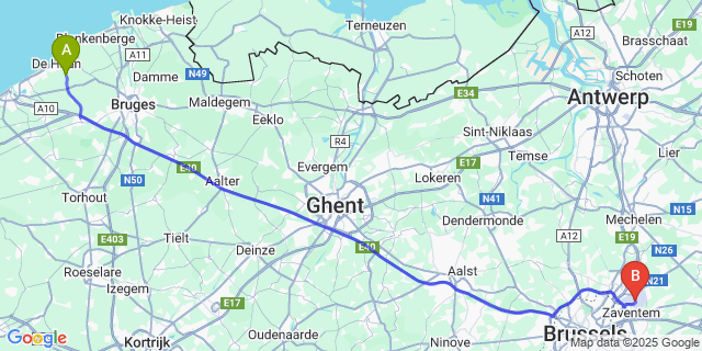 Map: Brussels Zaventem Airport (BRU) to Vlissegem