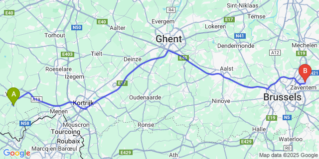 Map: Brussels Zaventem Airport (BRU) to Voormezele