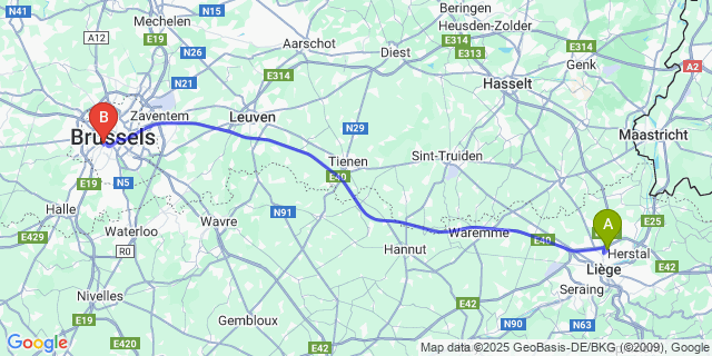 Map: Brussels Midi Train Station to Vottem