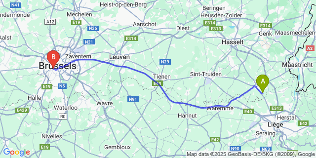 Map: Brussels Midi Train Station to Vreren